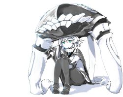 Rule 34 | 10s, 1girl, abyssal ship, cane, cape, collar, colored skin, gloves, green eyes, greyscale, kantai collection, hugging own legs, messy hair, monochrome, short hair, short hair with long locks, sitting, solo, tentacles, torichamaru, white hair, white skin, wo-class aircraft carrier