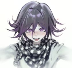 Rule 34 | 1boy, black hair, blurry, chain, checkered clothes, checkered scarf, commentary, danganronpa (series), danganronpa v3: killing harmony, depth of field, hair between eyes, heart, highres, jacket, kyandii, looking at viewer, male focus, messy hair, multicolored hair, open mouth, oma kokichi, purple eyes, purple hair, scarf, short hair, simple background, smile, solo, straitjacket, two-tone hair, upper body, white background, white jacket