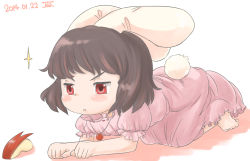 Rule 34 | 1girl, :&lt;, all fours, animal ears, apple, apple rabbit, artist name, barefoot, black hair, blush stickers, dated, dress, eyebrows, facing away, food, food art, fruit, full body, inaba tewi, jewelry, koharuko (khrkhrk), pendant, pink dress, rabbit ears, rabbit girl, rabbit tail, red eyes, shadow, simple background, solo, sparkle, tail, touhou, white background