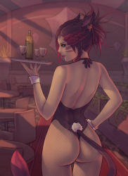 Rule 34 | 1girl, animal ears, aqua eyes, ass, warrior of light (ff14), backless outfit, bare shoulders, bottle, braid, cat ears, cat tail, chair, closed mouth, commission, cowboy shot, cup, drinking glass, earrings, facial mark, fictional persona, final fantasy, final fantasy xiv, fishnet pantyhose, fishnets, from behind, halterneck, hand on own hip, highleg, highleg leotard, indoors, jewelry, kittysuit, leotard, lips, looking at viewer, looking back, miqo&#039;te, nontraditional playboy bunny, pantyhose, rabbit tail, red hair, short hair, solo, soranamae, standing, table, tail, tray, unmoving pattern, wine glass, wrist cuffs