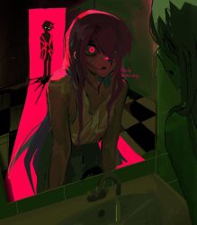 Rule 34 | 1boy, 2girls, aubrey (omori), bare arms, bare shoulders, basil (omori), bathroom, blue skirt, checkered floor, collarbone, crack of light, english text, faucet, glowing, glowing eyes, hair over one eye, highres, honshiya, horror (theme), indoors, leaning forward, long hair, looking at mirror, mirror, multiple girls, omori, one eye covered, open mouth, pink eyes, pink hair, reflection, scared, shirt, silhouette, skirt, sleeveless, sleeveless shirt, standing, sweat, white shirt, wide-eyed