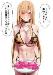 Rule 34 | 1girl, bead bracelet, beads, bikini, blonde hair, blush, bracelet, breasts, choker, cleavage, ear piercing, earrings, eyeliner, floral print, grin, highres, jewelry, kitagawa marin, large breasts, makeup, navel, necklace, paid reward available, piercing, pink eyes, ryou (ryoutarou), simple background, smile, solo, sono bisque doll wa koi wo suru, swimsuit, translated, white background