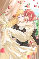 Rule 34 | 2girls, alternate costume, blonde hair, bouquet, breasts, carrying, couple, curtains, dress, closed eyes, flower, formal, gloves, happy, highres, izetta, izetta (shuumatsu no izetta), long hair, looking at another, multiple girls, ortfine fredericka von eylstadt, princess carry, purple eyes, red hair, short hair, shuumatsu no izetta, smile, suit, tuxedo, wedding, wife and wife, yuri