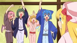 Rule 34 | 5girls, ^ ^, antennae, arm up, blonde hair, blue bow, blue eyes, blue hair, blue kimono, bow, brown headwear, brown kimono, cirno, clenched hand, closed eyes, closed mouth, daiyousei, green hair, hair bow, indoors, japanese clothes, kimono, lily white, long hair, looking at another, multiple girls, okamisty, own hands together, pink eyes, pink hair, pink kimono, red bow, rumia, standing, team 9 (touhou), totoharu (kujirai minato), touhou, v-shaped eyebrows, white headwear, white kimono, wriggle nightbug