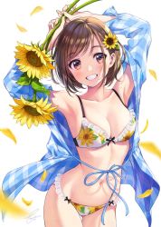 Rule 34 | 1girl, armpits, arms up, bare shoulders, blouse, blue shirt, blurry, bra, breasts, brown hair, cleavage, collarbone, commentary, cowboy shot, floral print, flower, grin, hair flower, hair ornament, highres, holding, lingerie, long sleeves, looking at viewer, medium breasts, morikura en, nail polish, navel, off shoulder, open clothes, open shirt, original, panties, petals, plaid, plaid shirt, red eyes, shirt, short hair, signature, smile, solo, stomach, sunflower, sunflower hair ornament, thigh gap, thighs, underwear, white bra, white panties, yellow flower, yellow nails