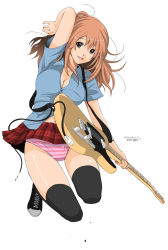 Rule 34 | black thighhighs, breasts, brown eyes, brown hair, cable, cleavage, electric guitar, fender (company), fender telecaster, guitar, instrument, large breasts, long hair, original, panties, pantyshot, ryouzou, simple background, smile, solo, striped clothes, striped panties, thighhighs, underwear