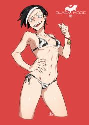 Rule 34 | 1girl, :d, animal print, bikini, black hair, blush, bracelet, breasts, cow print, green eyes, hand on own hip, highres, iwado anna, jewelry, kamezaemon, looking at viewer, navel, open mouth, original, red background, simple background, smile, solo, sweat, swimsuit, teeth, white hair