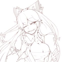 Rule 34 | 1girl, bow, breasts, cigarette, cube85, fujiwara no mokou, hair bow, large breasts, lineart, long hair, looking at viewer, monochrome, smile, solo, touhou, v, very long hair, wink