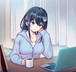 Rule 34 | 1girl, 40hara, black hair, blue eyes, computer, cup, elbow rest, fujita ayano (40hara), hand on own cheek, hand on own face, head rest, highres, holding, holding cup, indoors, laptop, long hair, mug, original, sitting, solo