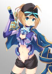 Rule 34 | 1girl, ahoge, artoria pendragon (fate), black hat, black shorts, black thighhighs, blonde hair, blue cape, blue gloves, blue panties, breasts, cape, cleavage, cleavage cutout, clothing cutout, cowboy shot, cross (crossryou), fate/grand order, fate (series), fingerless gloves, gloves, gradient background, grey background, hat, highleg, highleg panties, holding, holding sword, holding weapon, midriff, mysterious heroine x (fate), mysterious heroine x (third ascension) (fate), navel, open clothes, open shorts, panties, short shorts, shorts, small breasts, solo, standing, stomach, sword, thighhighs, underwear, visor cap, weapon