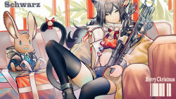 Rule 34 | 1girl, animal ears, arknights, badge, bell, black thighhighs, bow, bow (weapon), brown jacket, button badge, cat ears, cat tail, character name, christmas, closed mouth, commentary, crop top, crossbow, grey hair, highres, holding, holding crossbow, holding weapon, infection monitor (arknights), jacket, long hair, long sleeves, looking at viewer, midriff, navel, neck bell, noco (pixiv14976070), official alternate costume, red bow, red shirt, scarf, schwarz (arknights), schwarz (presents) (arknights), shirt, sitting, solo, stuffed animal, stuffed rabbit, stuffed toy, tail, tail bow, tail ornament, thighhighs, thighs, weapon, white scarf, yellow eyes