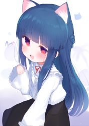 Rule 34 | 1girl, :d, absurdres, animal ear fluff, animal ears, bad id, bad pixiv id, black skirt, blue hair, blunt bangs, blush, cat ears, fang, frilled shirt collar, frilled sleeves, frills, hair bun, hand up, heart, highres, idolmaster, idolmaster cinderella girls, kemonomimi mode, long hair, long sleeves, looking at viewer, neck ribbon, open mouth, paw pose, red eyes, red ribbon, ribbon, sajo yukimi, shirt, side bun, single hair bun, single side bun, skirt, smile, solo, very long hair, white background, white shirt, wide sleeves, yinpa (wanone500511)