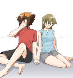 Rule 34 | 1girl, barefoot, black shorts, blue shirt, blush, breasts, brown eyes, brown hair, collarbone, couple, covering own mouth, grey shorts, holding hands, long hair, looking away, looking to the side, medium breasts, multicolored hair, red shirt, rourou ill, shirt, short shorts, shorts, simple background, sitting, sleeveless, sleeveless shirt, soles, straight hair, sweatdrop, tenjouin asuka, two-tone hair, very long hair, white background, yu-gi-oh!, yu-gi-oh! gx, yuki judai