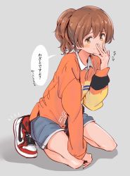 Rule 34 | 1girl, air jordan, air jordan 1, blush, bonryuu, brown eyes, brown hair, closed mouth, collared shirt, commentary request, euphonium, grey background, hair between eyes, hand to own mouth, hibike! euphonium, highres, instrument, kneeling, long sleeves, looking at viewer, nike (company), oumae kumiko, ponytail, shirt, shoes, short hair, shorts, simple background, smile, smirk, smug, sneakers, solo, speech bubble, translation request