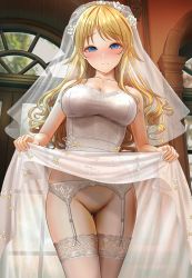 Rule 34 | 1girl, ahoge, alternate hairstyle, bare shoulders, blonde hair, blue eyes, blush, breasts, breath, bridal veil, bride, cleavage, closed mouth, clothes lift, commentary request, dress, dress lift, female focus, female pubic hair, flower, garter belt, garter straps, groin, hachimiya meguru, heavy breathing, highres, idolmaster, idolmaster shiny colors, lace, lace-trimmed legwear, lace trim, large breasts, lifting own clothes, long hair, looking at viewer, no panties, pubic hair, pussy, revision, rose, see-through, solo, standing, strapless, strapless dress, sweat, thigh gap, thighhighs, thighs, turisasu, veil, wavy hair, wedding dress, white dress, white flower, white garter belt, white rose, white thighhighs, window