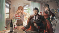 Rule 34 | 1boy, 2girls, absurdres, alcohol, beard, berezovich kryuger (girls&#039; frontline), bottle, cake, coat, collared shirt, commentary request, cup, drinking glass, facial hair, food, girls&#039; frontline, grey hair, griffin &amp; kryuger military uniform, helianthus (girls&#039; frontline), highres, lab coat, light brown hair, long hair, looking at viewer, multiple girls, necktie, official art, persica (girls&#039; frontline), red eyes, scar, scar on face, shirt, smile, very long hair, wheelchair, wine, wine bottle, wine glass, wrinkled skin