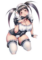 Rule 34 | 1girl, absurdres, black hair, breasts, brown eyes, cleavage, daikokuya yenjaku, frills, full body, highres, kneeling, large breasts, leotard, long hair, looking at viewer, maid, maid headdress, original, shinonome kotori, shiny skin, sidelocks, solo, tagme, thighhighs, transparent background, twintails, wrestling outfit, wristband