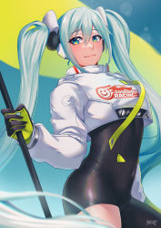 Rule 34 | 1girl, absurdres, arched back, black bodysuit, black gloves, blue eyes, blue hair, blueriest, blurry, blurry foreground, bodysuit, closed mouth, covered navel, cowboy shot, flag, floating hair, gloves, hair between eyes, hatsune miku, highres, holding, holding flag, long hair, looking at viewer, racing miku, racing miku (2022), smile, solo, standing, two-tone gloves, very long hair, vocaloid, yellow gloves