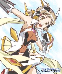 Rule 34 | 1girl, bodysuit, breasts, brown hair, check commentary, commentary request, hair ornament, hairclip, link (aa30), looking at viewer, navel, orange eyes, senki zesshou symphogear, short hair, simple background, smile, solo, tachibana hibiki (symphogear), white background