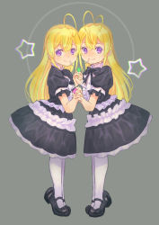 Rule 34 | 2girls, ahoge, antenna hair, black bow, black bowtie, black dress, black footwear, blonde hair, bow, bowtie, candy, child, closed mouth, dress, febrie, food, from side, full body, gothic lolita, grey background, hair between eyes, holding hands, interlocked fingers, jj (ssspulse), lolita fashion, lollipop, long hair, looking at viewer, mary janes, multiple girls, pantyhose, purple eyes, shoes, short dress, short sleeves, siblings, sisters, smile, standing, toaru kagaku no railgun, toaru kagaku no railgun s, toaru majutsu no index, very long hair, white pantyhose