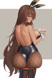 Rule 34 | 1girl, animal ears, ass, back, backless leotard, bare arms, bare shoulders, black leotard, blush, breasts, brown hair, closed mouth, dark-skinned female, dark skin, detached collar, drink, fake animal ears, fake tail, feet out of frame, fishnet pantyhose, fishnets, from behind, goddess of victory: nikke, highres, holding, holding drink, large breasts, leotard, long hair, looking at viewer, looking back, noir (nikke), pantyhose, playboy bunny, rabbit ears, rabbit tail, sideboob, simple background, sitting, smile, solo, tail, wei xiao, yellow eyes