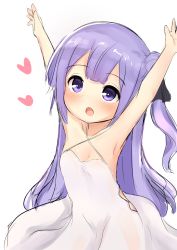 Rule 34 | 1girl, :o, \o/, armpits, arms up, azur lane, bare arms, bare shoulders, black ribbon, blush, commentary request, criss-cross halter, dress, hair bun, hair ribbon, halterneck, heart, highres, long hair, looking at viewer, neko miyabi (artist), one side up, open mouth, outstretched arms, purple eyes, purple hair, ribbon, side bun, simple background, single hair bun, single side bun, solo, unicorn (azur lane), very long hair, white background, white dress