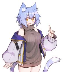 Rule 34 | 1girl, absurdres, animal ear fluff, animal ears, blue hair, breasts, cat ears, cat tail, collarbone, scar on face, fur trim, highres, index finger raised, large breasts, looking at viewer, open mouth, orange eyes, original, ryota tentei, scar, scar on cheek, scar on face, short hair, simple background, solo, sweater, tail, tora tentei, white background