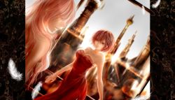 Rule 34 | 2girls, alternate costume, bad id, bad pixiv id, bare arms, bare shoulders, breasts, brown eyes, brown hair, building, cityscape, cleavage, dress, dutch angle, feathers, female focus, formal, large breasts, lips, long dress, long hair, looking at another, looking away, megurine luka, meiko (vocaloid), multiple girls, neck, parted lips, pink hair, red dress, short hair, smile, standing, strapless, strapless dress, sunlight, suu (knzksu), tower, vocaloid, white dress