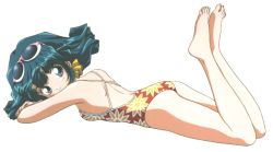 Rule 34 | 1990s (style), 1girl, aqua eyes, aqua hair, bare shoulders, barefoot, casual one-piece swimsuit, crossed arms, eyewear on head, female focus, floral print, full body, looking at viewer, lying, official art, on stomach, one-piece swimsuit, retro artstyle, rolfee, simple background, smile, solo, swimsuit, tadano kazuko, tonari no princess rolfee, white background