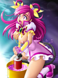 Rule 34 | 1girl, anal, breasts, breasts out, cure dream, enema, female masturbation, hair rings, high heels, highres, inflation, kneeling, large breasts, long hair, masturbation, onoe, pink eyes, pink hair, precure, ribbon, saliva, solo, stomach bulge, tears, tongue, tongue out, yumehara nozomi