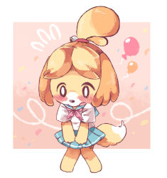 Rule 34 | 1girl, animal crossing, animal ears, animal nose, balloon, blonde hair, blue skirt, blush, body fur, commentary request, dog, dog ears, dog girl, dog tail, embarrassed, full body, furry, furry female, highres, hnzk aroma, isabelle (animal crossing), knees together feet apart, medium hair, nintendo, pleated skirt, school uniform, simple background, skirt, solo, standing, tail, topknot, white background, white fur, yellow fur
