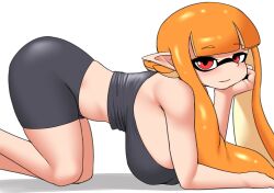 Rule 34 | 1girl, all fours, bare shoulders, bike shorts, black shorts, blunt bangs, breasts, cleavage, feet out of frame, female focus, from side, hand on own chin, highres, inkling, inkling girl, inkling player character, large breasts, long hair, looking at viewer, nintendo, orange hair, parted lips, pero (pero7762), pointy ears, red eyes, shorts, sideboob, simple background, smile, solo, splatoon (series), tank top, tentacle hair, white background