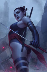 Rule 34 | 1girl, black gloves, black leotard, comic cover, cover image, earrings, elbow gloves, gloves, grey sky, highres, holding, holding sword, holding weapon, jee-hyung lee, jewelry, katana, leotard, looking at viewer, marvel, mecha, official art, outdoors, psylocke, realistic, red sash, robot, sash, sentinel (x-men), signature, sky, sword, weapon, x-men