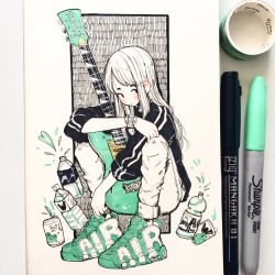 Rule 34 | 1girl, blush, bottle, can, crisalys, digital watch, drink, green footwear, heart, highres, jacket, limited palette, liquid, long hair, long sleeves, looking to the side, marker (medium), original, pants, pen (medium), phone, shoes, sleeve rolled up, sneakers, solo, squatting, tape, track jacket, traditional media, watch, white background, white hair