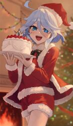 Rule 34 | 1girl, absurdres, blue hair, christmas, furina (genshin impact), genshin impact, gomashiwo o, hat, highres, light blue hair, long sleeves, looking at viewer, open mouth, red hat, santa costume, smile, solo