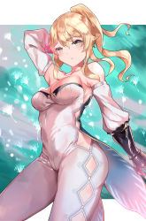 Rule 34 | 1girl, absurdres, arm behind head, armpits, bare shoulders, blonde hair, blush, border, breasts, cowboy shot, detached sleeves, envel203, genshin impact, groin, hair between eyes, highres, jean (genshin impact), letterboxed, looking at viewer, medium breasts, outside border, solo, thighs, white border
