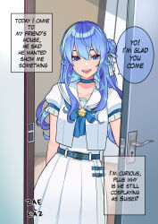 Rule 34 | 1boy, belt, blue bow, blue bowtie, blue choker, blue eyes, blue hair, bow, bowtie, choker, commentary, cosplay, cowboy shot, crossdressing, doorway, english commentary, english text, highres, hololive, hoshimachi suisei, hoshimachi suisei (cosplay), hoshimachi suisei (school uniform), jaheterbang, long hair, looking at viewer, open mouth, pleated skirt, pov, puffy short sleeves, puffy sleeves, sailor collar, school uniform, serafuku, shirt, short sleeves, skirt, trap, virtual youtuber, white sailor collar, white shirt, white skirt