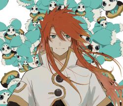 Rule 34 | 1boy, black shirt, buttons, closed mouth, commentary request, creature, green eyes, hair between eyes, highres, jacket, light smile, long hair, luke fon fabre, meba, mieu (tales), popped collar, red hair, shirt, short sleeves, sidelocks, spiked hair, tales of (series), tales of the abyss, upper body, white jacket