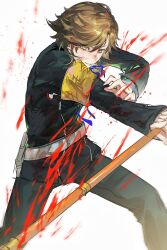 Rule 34 | 1boy, amada ken, armband, belt, blood, blood on clothes, blood on face, blood splatter, blood stain, brown hair, dynamic pose, evil smile, eyelashes, fighting, fighting stance, gekkoukan high school uniform, grey background, highres, holding, holding weapon, long sleeves, looking at viewer, male focus, miko 66, persona, persona 3, persona 4: the ultimate in mayonaka arena, school uniform, short hair, smile, solo, weapon, white belt, yellow armband, yellow eyes