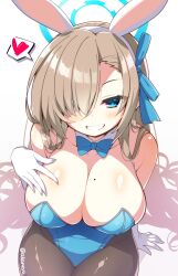 Rule 34 | 1girl, akaneya, asuna (blue archive), asuna (bunny) (blue archive), black pantyhose, blue archive, blue bow, blue bowtie, blue leotard, bow, bowtie, breasts, cleavage, commentary request, cowboy shot, detached collar, hair over one eye, halo, heart, huge breasts, leotard, mole, mole on breast, pantyhose, playboy bunny, simple background, solo, spoken heart, twitter username, white background