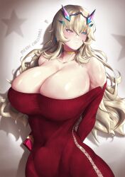 1girl absurdres arms_behind_back bare_shoulders barghest_(fate) barghest_(like_a_lady)_(fate) blonde_hair blush box breasts cleavage collarbone covered_navel cross-laced_clothes darkvil fairy_knight_gawain_(like_a_lady)_(fate) fate/grand_order fate_(series) gift gift_box green_eyes heterochromia highres horns huge_breasts jewelry long_hair looking_to_the_side neck_ring off-shoulder_sweater off_shoulder red_eyes red_sweater solo sweater