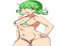 Rule 34 | 1girl, bikini, breasts, cleavage, fang, green bikini, green eyes, green hair, hand on own hip, legs, looking at viewer, medium breasts, navel, one-punch man, open mouth, short hair, smile, swimsuit, tatsumaki, thick thighs, thighs