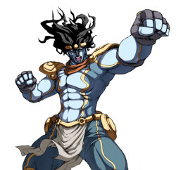 Rule 34 | 1boy, battle, black hair, caryo, clenched hand, cowboy shot, headband, jojo no kimyou na bouken, loincloth, male focus, monster, muscular, outstretched arm, pelvic curtain, shoulder pads, simple background, solo, spread legs, stand (jojo), standing, star platinum, tabigarasu, the world, white background