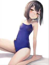 Rule 34 | 1girl, alternate costume, arm support, bare arms, bare legs, barefoot, black hair, blue one-piece swimsuit, blush, breasts, brown eyes, commentary request, competition school swimsuit, covered navel, fate/kaleid liner prisma illya, fate (series), hair ornament, half updo, hand on own hip, head tilt, knee up, looking at viewer, miyu edelfelt, nose blush, one-piece swimsuit, school swimsuit, short hair, simple background, sitting, small breasts, solo, sunga2usagi, swimsuit, white background