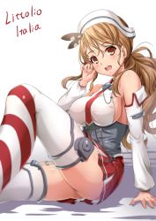Rule 34 | 10s, 1girl, absurdres, arm support, arm warmers, bare shoulders, battleship, breasts, brown hair, character name, corset, detached sleeves, female focus, garter straps, hair ornament, hat, highres, italia (kancolle), italy, kantai collection, large breasts, littorio (kancolle), long hair, military, military vehicle, miniskirt, necktie, red eyes, ruffling hair, sakiyamama, ship, sideboob, sitting, skirt, solo, thighhighs, thighs, warship, watercraft, wavy hair, white thighhighs, zettai ryouiki