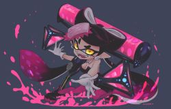 Rule 34 | + +, 1girl, ankle boots, black background, black footwear, black hair, black jumpsuit, bomb rush (splatoon), boots, breasts, callie (splatoon), cleavage, commentary, dated, detached collar, earrings, fangs, food, food on head, gloves, glowing, glowing eyes, gradient hair, hero roller (splatoon), highres, holding, holding weapon, inkling, jewelry, jumpsuit, leaning forward, long hair, looking at viewer, medium breasts, mole, mole under eye, multicolored hair, nintendo, object on head, okome 2g2g, open mouth, paint splatter, pantyhose, pointy ears, purple hair, purple pantyhose, short jumpsuit, smirk, solo, splat bomb (splatoon), splatoon (series), splatoon 1, standing, strapless, tentacle hair, throwing, very long hair, weapon, white gloves, yellow eyes
