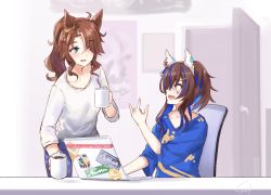 Rule 34 | 2girls, :d, ahoge, animal ears, blue hair, blue pants, blue shirt, blush, brown eyes, brown hair, commentary request, computer, cup, daitaku helios (umamusume), denim, eye contact, green eyes, gurifu, hand up, highres, holding, holding cup, horse ears, indoors, jeans, laptop, long hair, long sleeves, looking at another, mejiro palmer (umamusume), mug, multicolored hair, multiple girls, open mouth, pants, ponytail, shirt, short sleeves, sitting, smile, streaked hair, umamusume, white hair, white shirt, wide sleeves