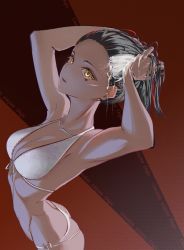 Rule 34 | 1girl, absurdres, alternate skin color, ass, bikini, black hair, breasts, chinese commentary, cleavage, collarbone, duju jiugong zhong, genshin impact, hair behind ear, hand in own hair, highres, leaning back, multicolored hair, orange eyes, parted lips, red background, red hair, small breasts, solo, streaked hair, swimsuit, white bikini, xinyan (genshin impact)