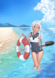 Rule 34 | 1girl, beach, black one-piece swimsuit, black sailor collar, blue eyes, blue sky, cloud, covered navel, crop top, day, flower, hair flower, hair ornament, highres, kantai collection, lifebuoy, one-piece swimsuit, one-piece tan, outdoors, ro-500 (kancolle), rure, sailor collar, school swimsuit, silver hair, sky, solo, swim ring, swimsuit, swimsuit under clothes, tan, tanline, torpedo, wading, water
