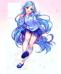 Rule 34 | 1girl, :d, arm at side, artist name, blue footwear, blue hair, blue skirt, blue sweater, blush, borrowed character, commission, foreshortening, full body, gradient background, head tilt, highres, hyanna-natsu, kneehighs, long hair, long sleeves, looking at viewer, mary janes, miniskirt, open mouth, original, petals, pink background, pleated skirt, round teeth, shoes, skirt, sleeves past wrists, smile, socks, solo, sweater, swept bangs, tareme, teeth, very long hair, white socks, window